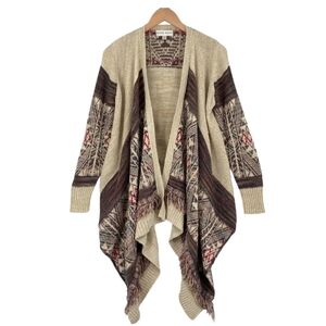 Knox Rose Cardigan Women Medium Beige Brown Aztec Long Sleeve Fringe Open Front